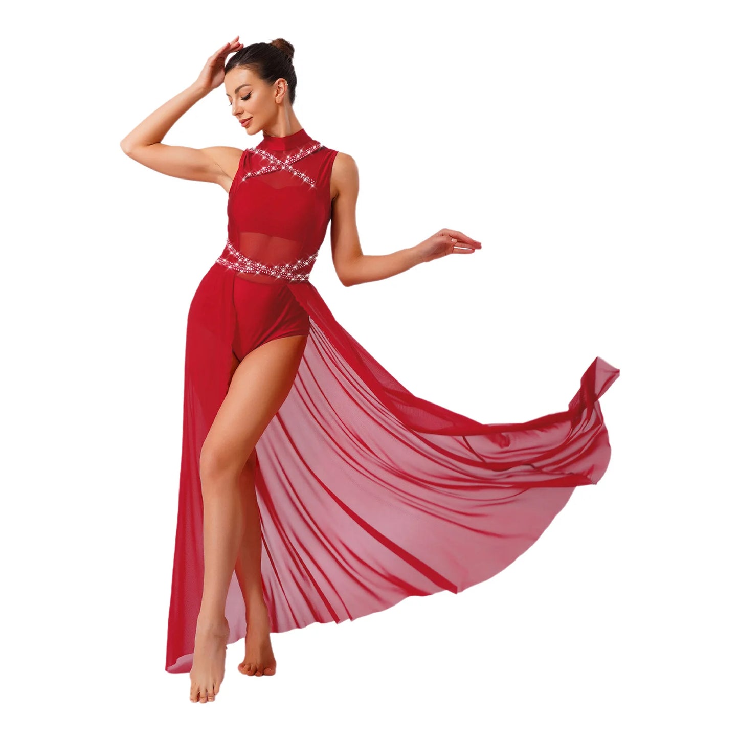 Womens Ballet Lyrical Dance Costumes Sequin Mesh Tulle Flowy Maxi Long Dress Built-In Briefs Morden Contemporary Dancewear