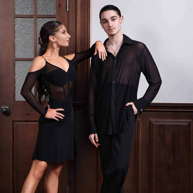 Black Mesh Ballroom Dance Top Men Long Sleeved Latin Dance Shirt Adults Samba Chacha Modern Dancing Tops Training Wear SL12058