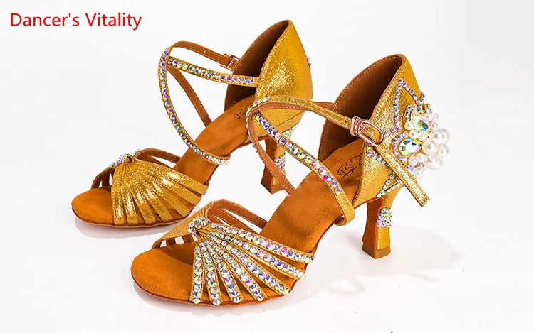 Latin Dance Shoes Female Adult Soft Sole with National Standard Professional Dance Shoes Diamond-studded Latin Shoes