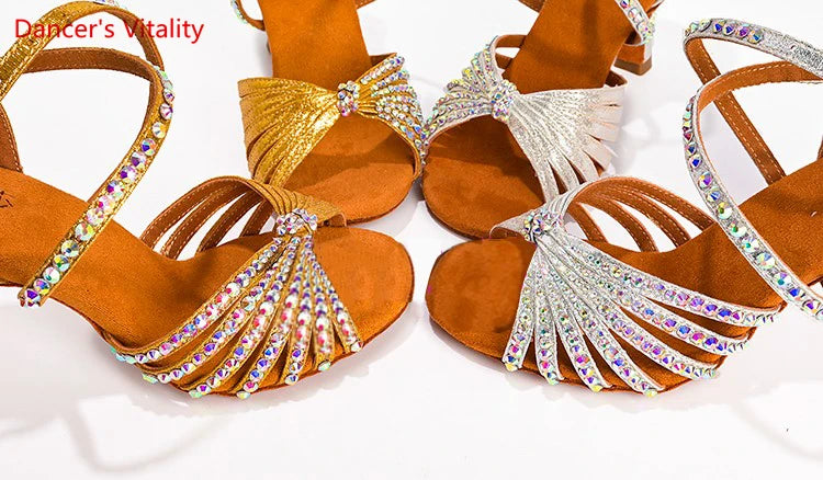 Latin Dance Shoes Female Adult Soft Sole with National Standard Professional Dance Shoes Diamond-studded Latin Shoes