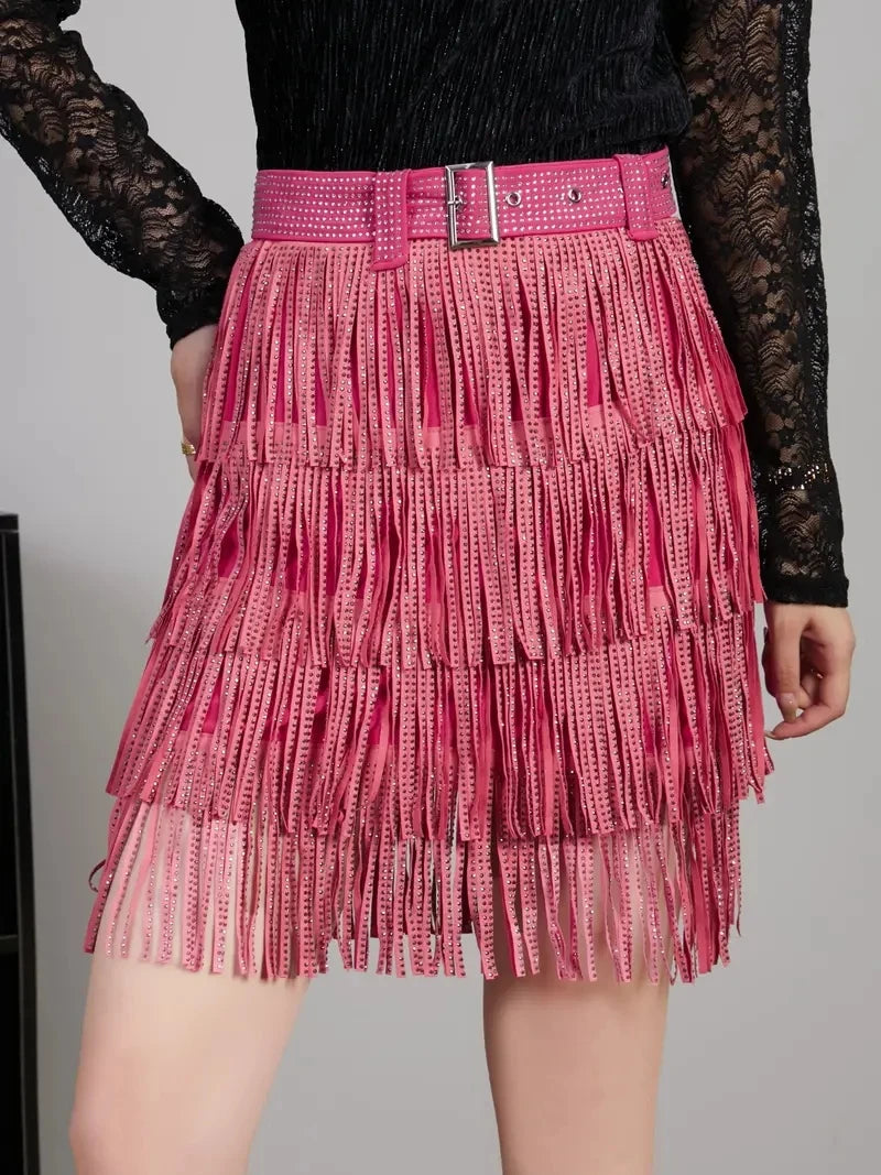 Women Skirt Fashion 2025 New Autumn High Waist Belt Multi Layer Short Heavy Drilling Rhinestones Fringed Skirt with Cake A Line