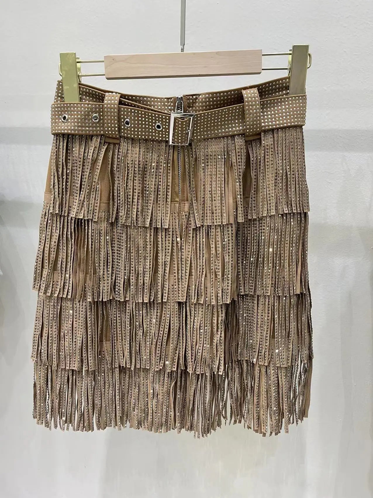 Women Skirt Fashion 2025 New Autumn High Waist Belt Multi Layer Short Heavy Drilling Rhinestones Fringed Skirt with Cake A Line
