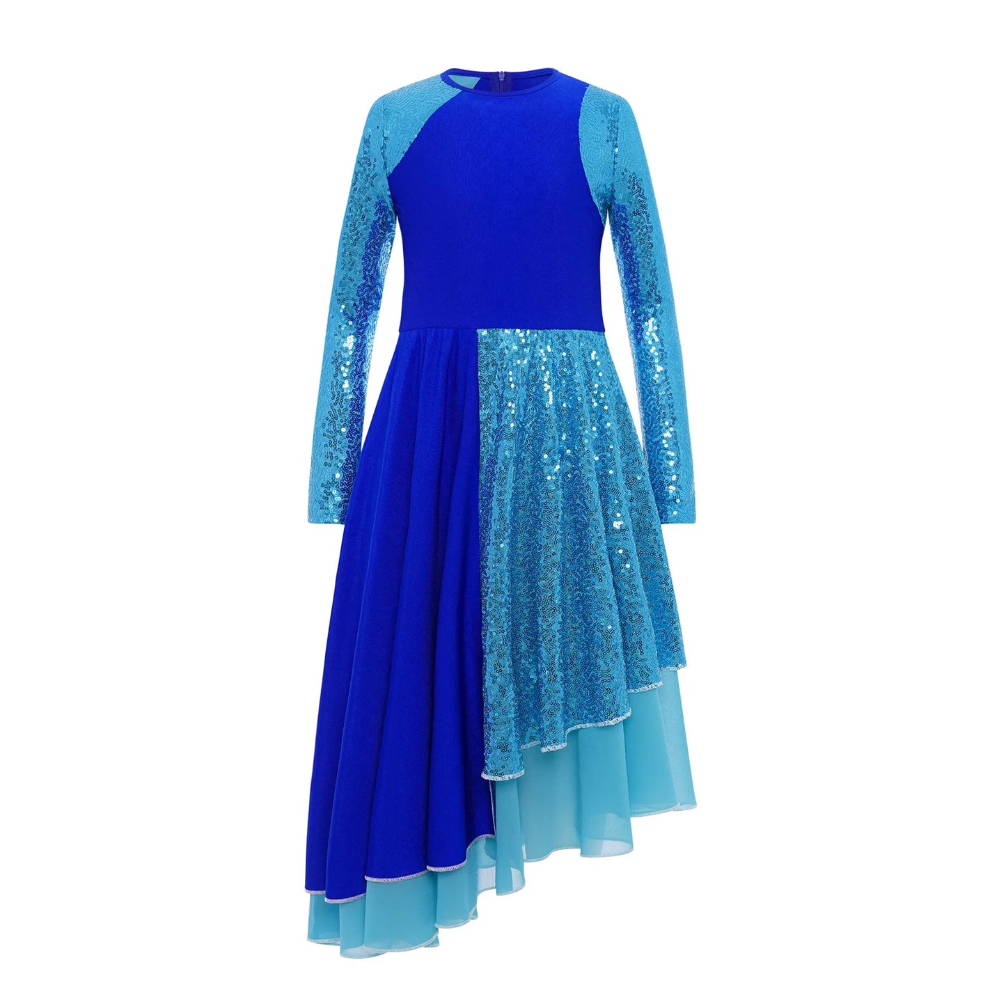 Vibrant Two-Tone Dance Dress with Sheer Lace Sleeves – Asymmetric Pink & Purple Gowns for Stage, Ballroom, and Showcases
