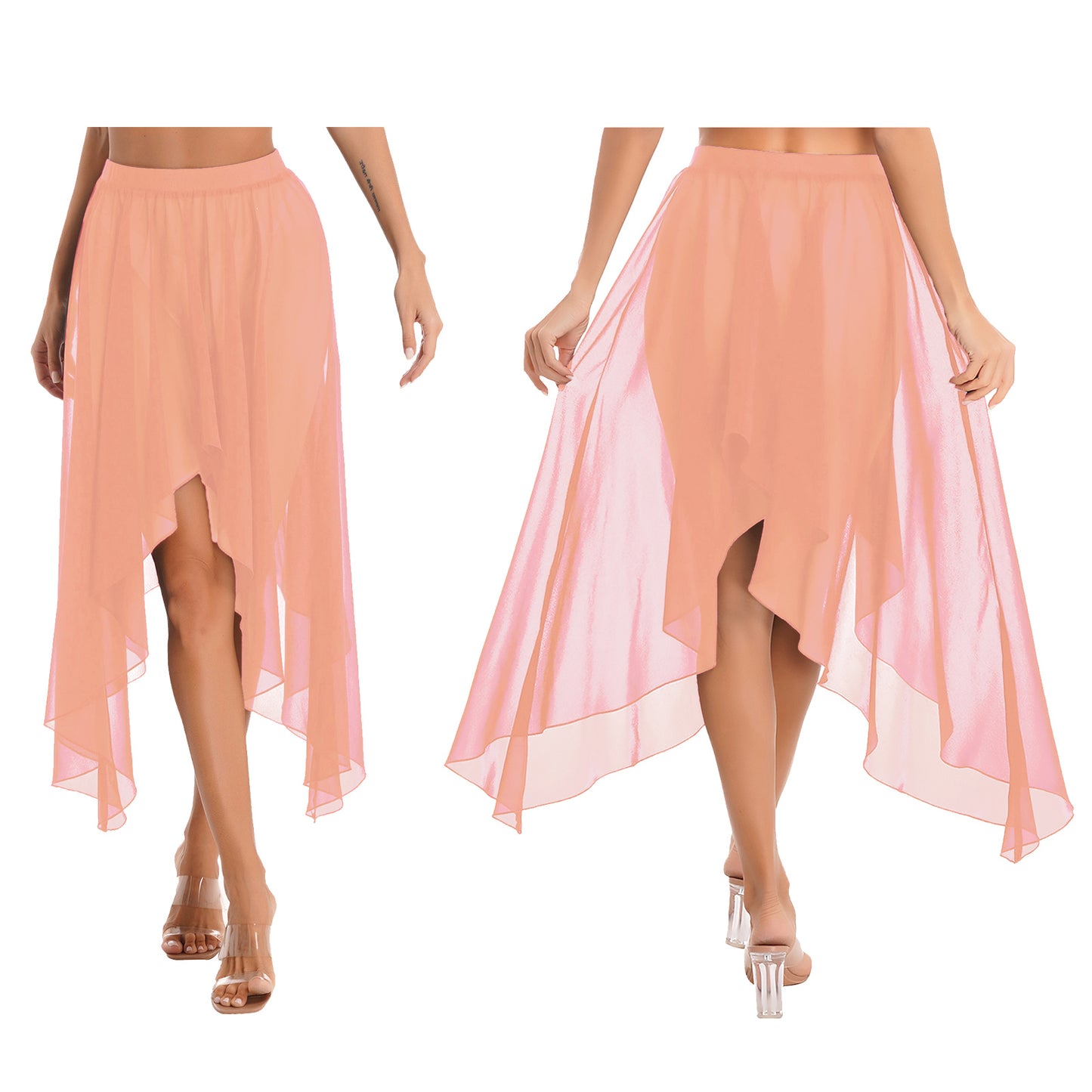 Women Adult Ballet Training Clothes Asymmetrical Sheer Chiffon Skirts Girls Middle Mesh Skirt Tulle Skirt Dance Stage Costume