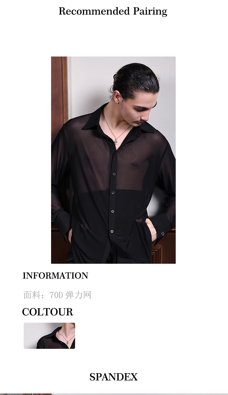 Black Mesh Ballroom Dance Top Men Long Sleeved Latin Dance Shirt Adults Samba Chacha Modern Dancing Tops Training Wear SL12058