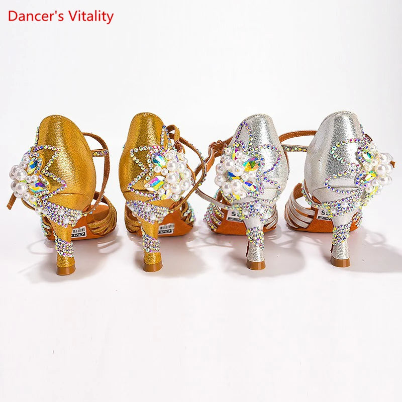Latin Dance Shoes Female Adult Soft Sole with National Standard Professional Dance Shoes Diamond-studded Latin Shoes