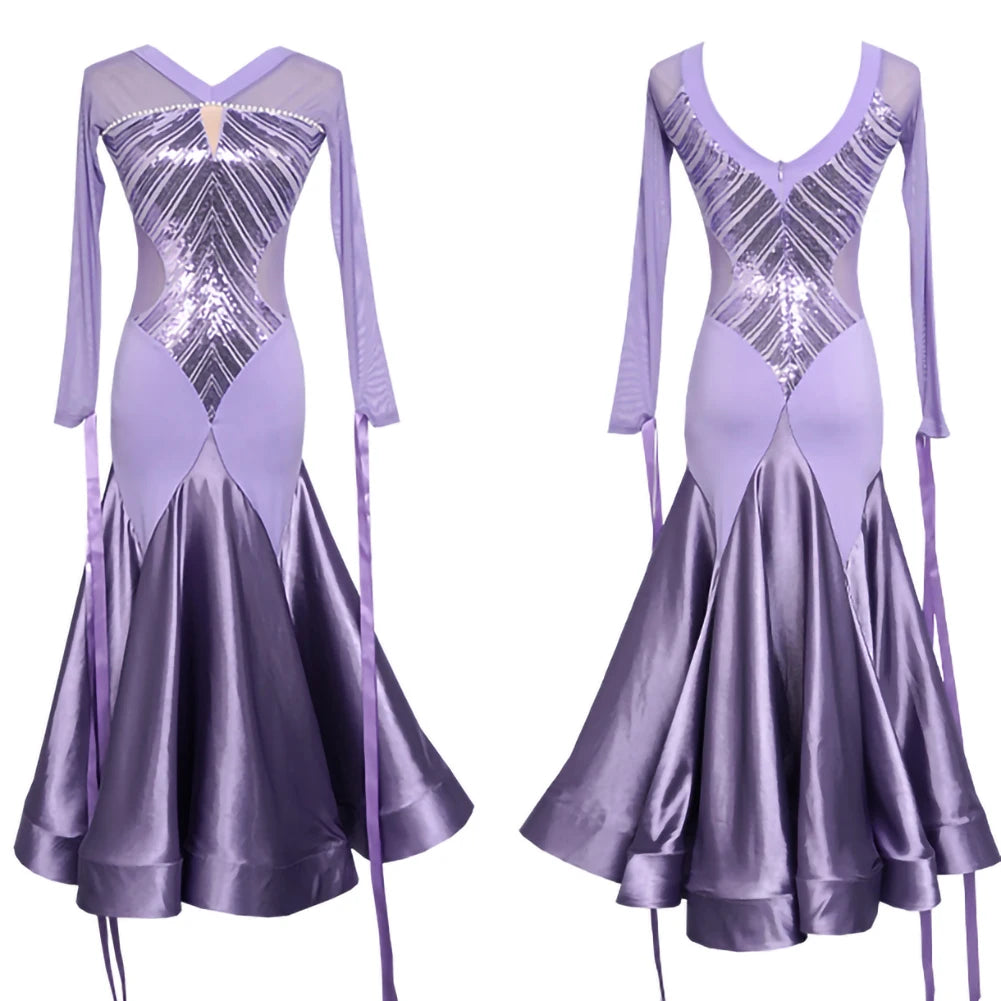 Stage Costume Streamers Standard Dance Dresses Competition Waltz Ballroom Dress for Competition Elegant Purple Long Sleeves Red