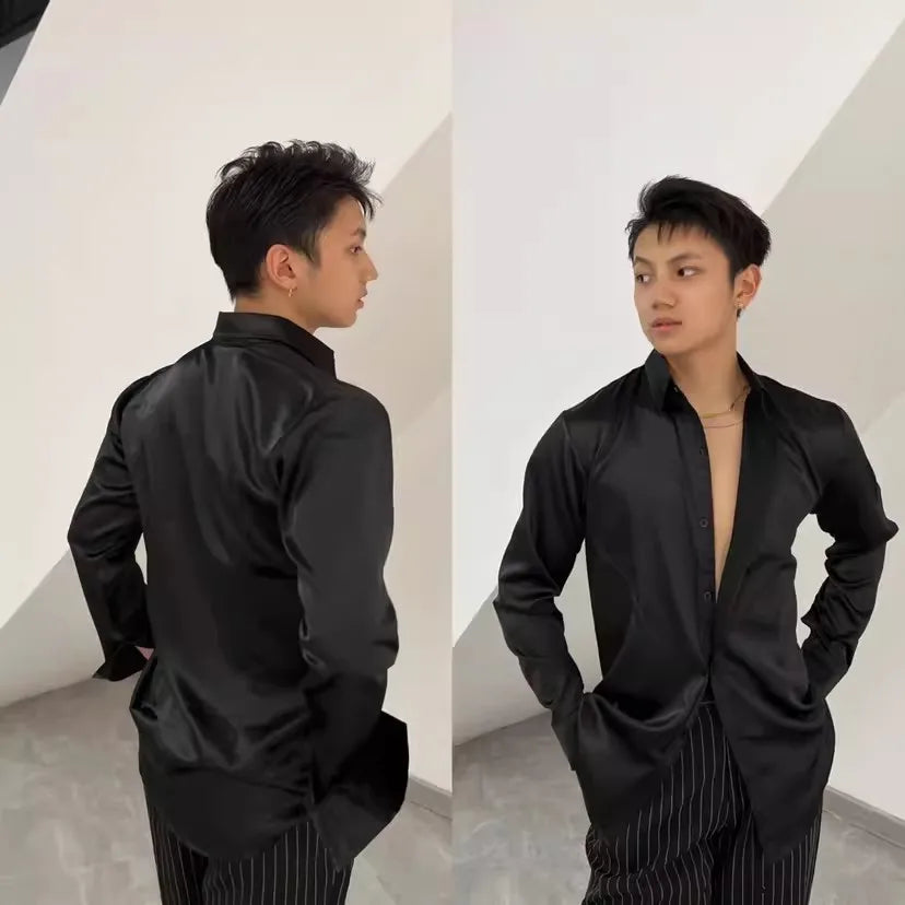 Satin Latin Dance Shirt For Men Ballroom Dance Clothes Long Sleeves Practice Wear Adult Cha Cha Tango Salsa Dance Tops BL11194