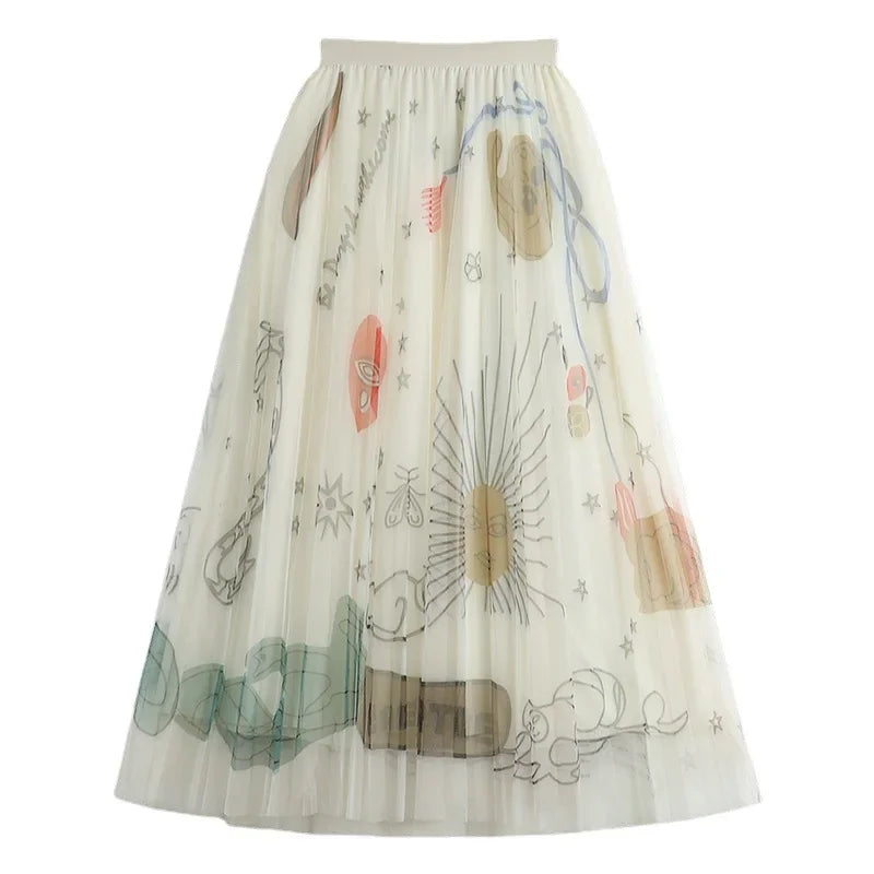 TFETTERS Pink Tulle Skirt Women Casual Graffiti Print Pleated Midi Skirt 2025 Spring and Summer Korean Fashion Women Clothing