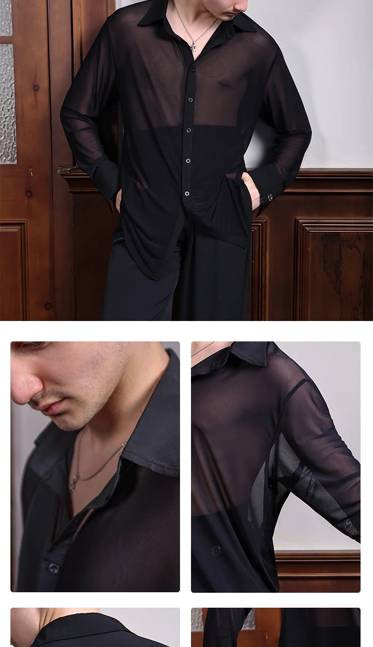 Black Mesh Ballroom Dance Top Men Long Sleeved Latin Dance Shirt Adults Samba Chacha Modern Dancing Tops Training Wear SL12058