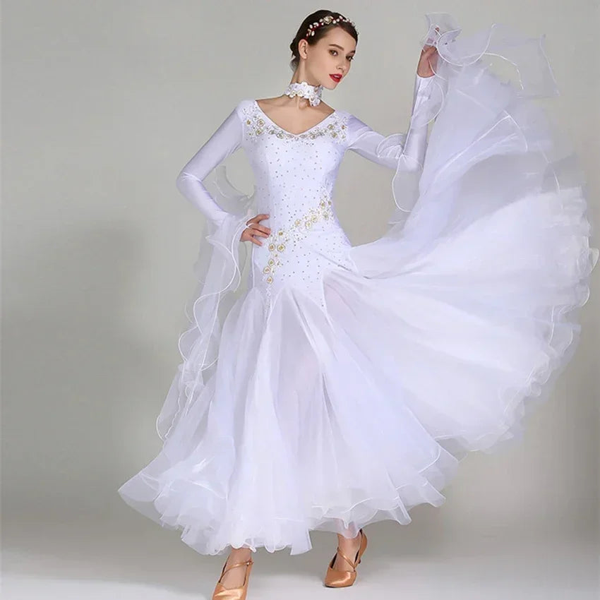 Women Competition Standard Modern Dancing Clothes Long Sleeve Waltz Stage Costumes Ballroom Dance Dress