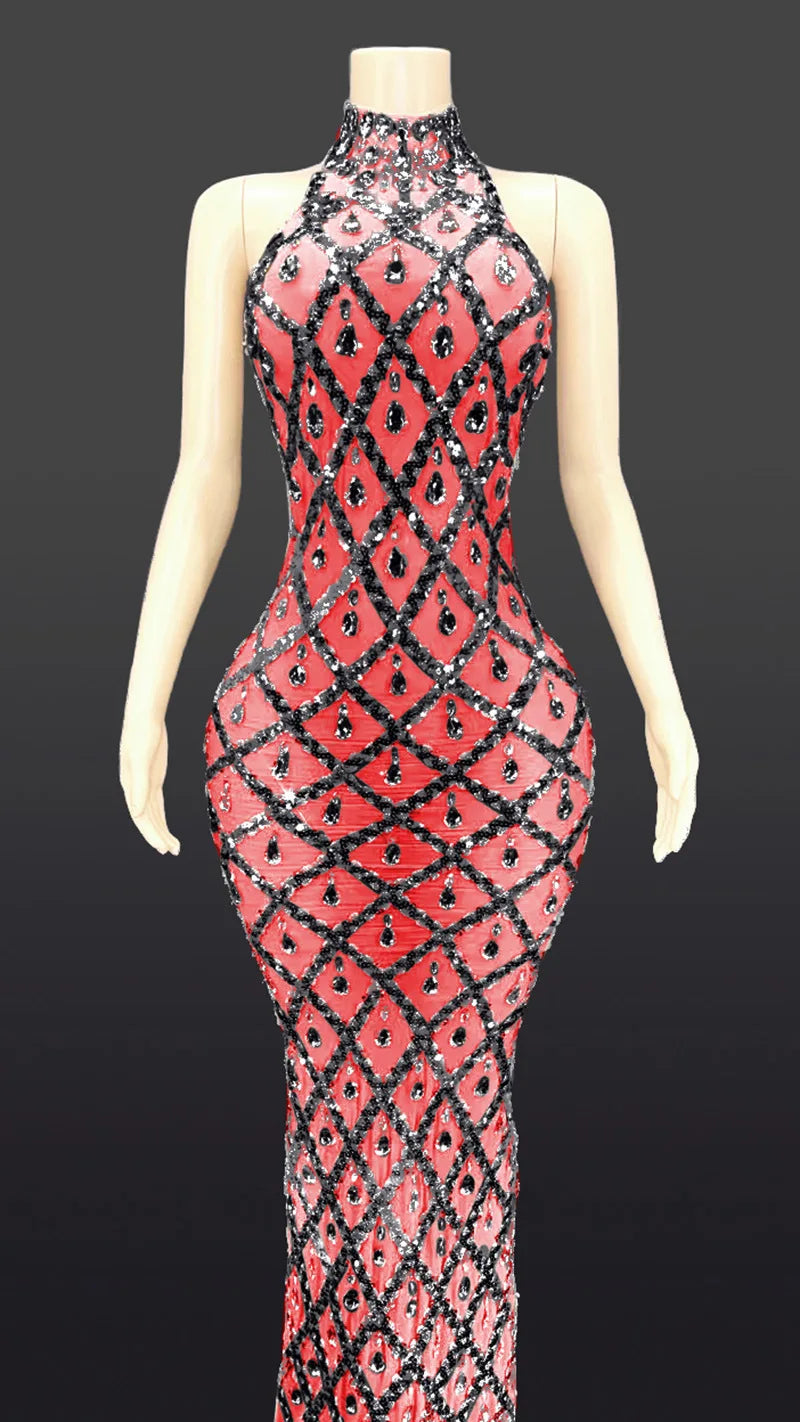 Customized Red Background Red Diamond Dress Nightclub Bar Female Singer DJDSgogo Performance Costume Stage Dress for Women