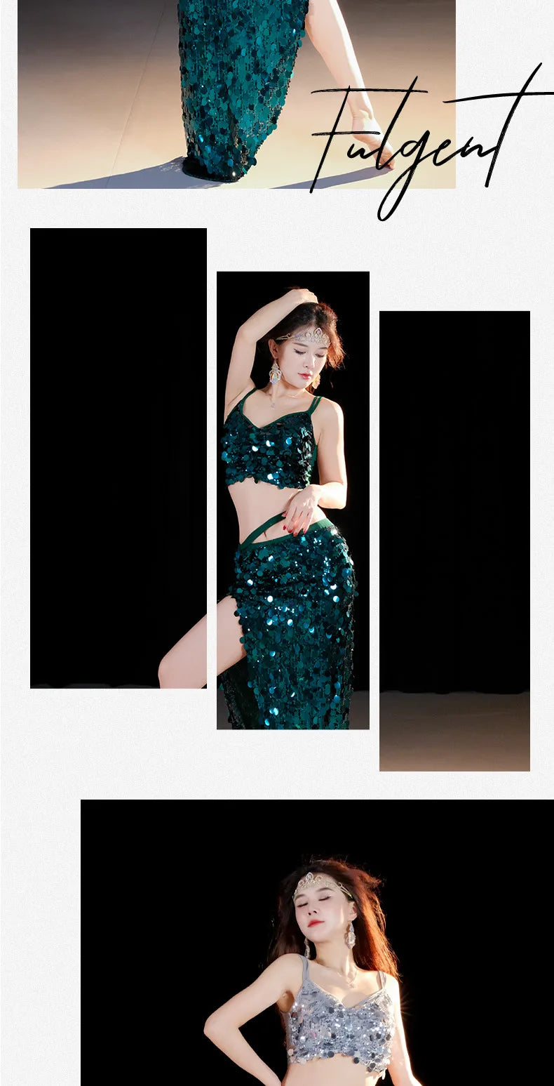 Emerald Green Sequin Skirt with Matching Crop Top – Sparkling Dance Dress, Stage Performance Gown, Ethereal Evening Ensemble