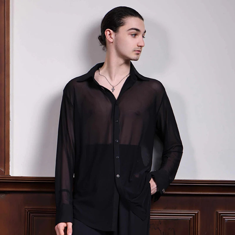 Black Mesh Ballroom Dance Top Men Long Sleeved Latin Dance Shirt Adults Samba Chacha Modern Dancing Tops Training Wear SL12058
