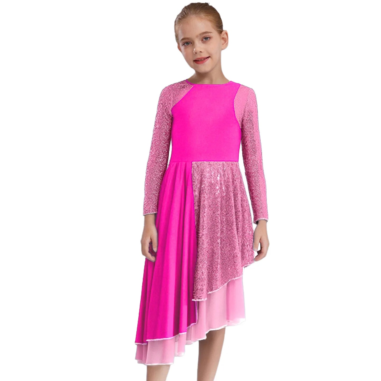 Vibrant Two-Tone Dance Dress with Sheer Lace Sleeves – Asymmetric Pink & Purple Gowns for Stage, Ballroom, and Showcases