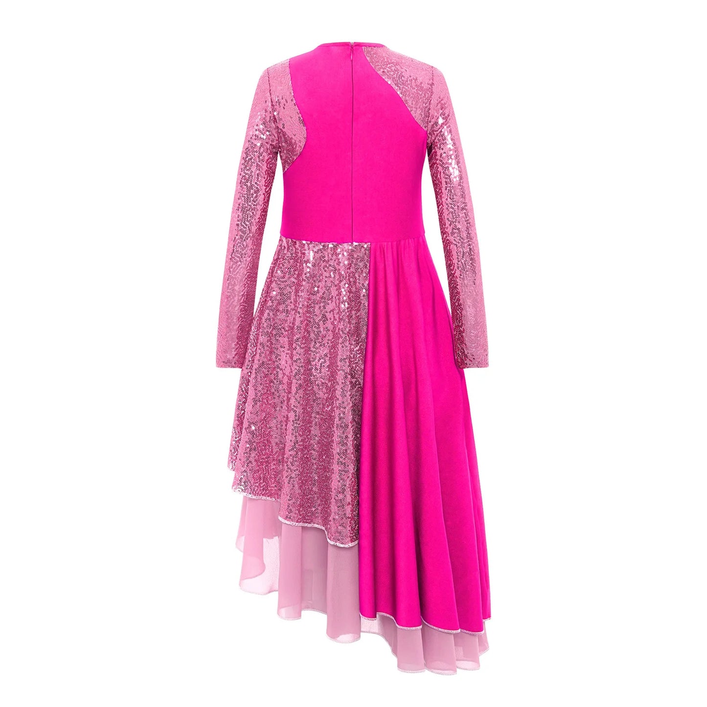 Vibrant Two-Tone Dance Dress with Sheer Lace Sleeves – Asymmetric Pink & Purple Gowns for Stage, Ballroom, and Showcases