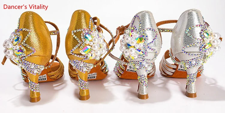 Latin Dance Shoes Female Adult Soft Sole with National Standard Professional Dance Shoes Diamond-studded Latin Shoes