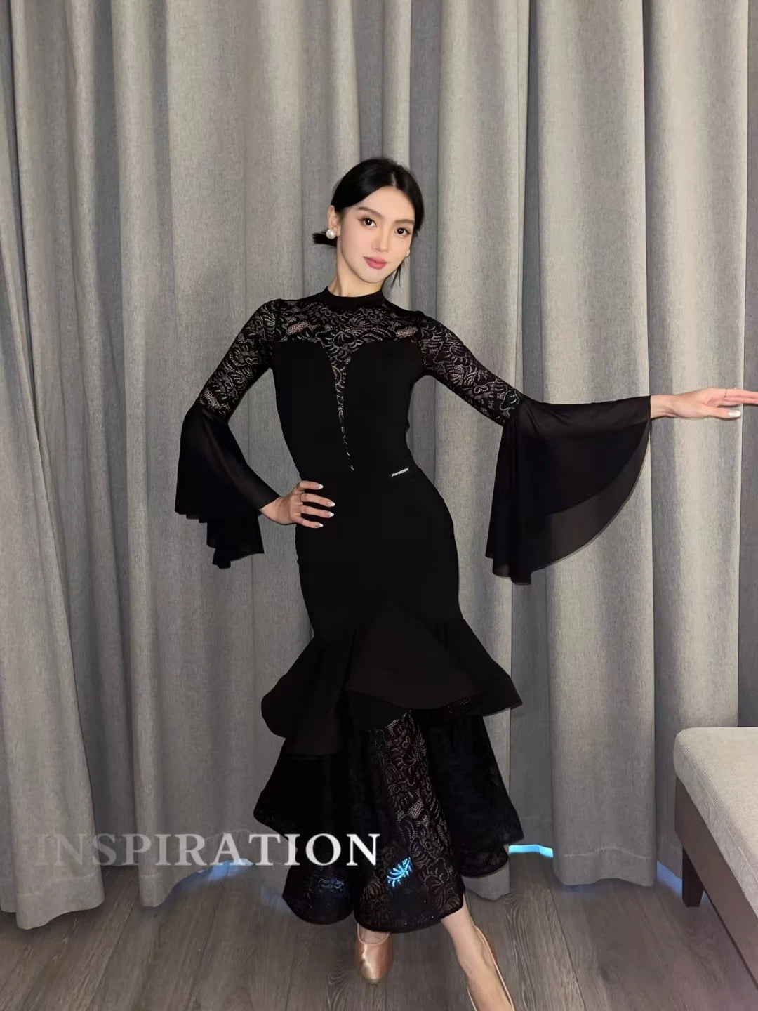 2024 Ballroom Dance Clothes Women Black Lace Tops Fishbone Skirt Long Sleeves Competition Dress Adult Waltz Dance Costume L13955