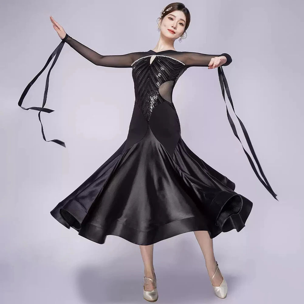 Stage Costume Streamers Standard Dance Dresses Competition Waltz Ballroom Dress for Competition Elegant Purple Long Sleeves Red