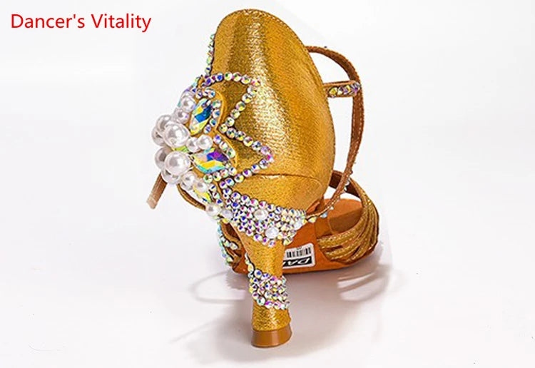 Latin Dance Shoes Female Adult Soft Sole with National Standard Professional Dance Shoes Diamond-studded Latin Shoes