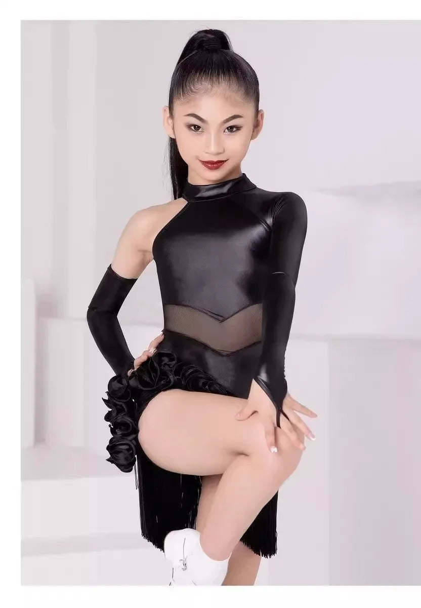 Girls Performance Costume One-Sleeve Black Fringe Skirt Kids Latin Dance Clothes Samba Cha-cha Competition Training Dress 2025