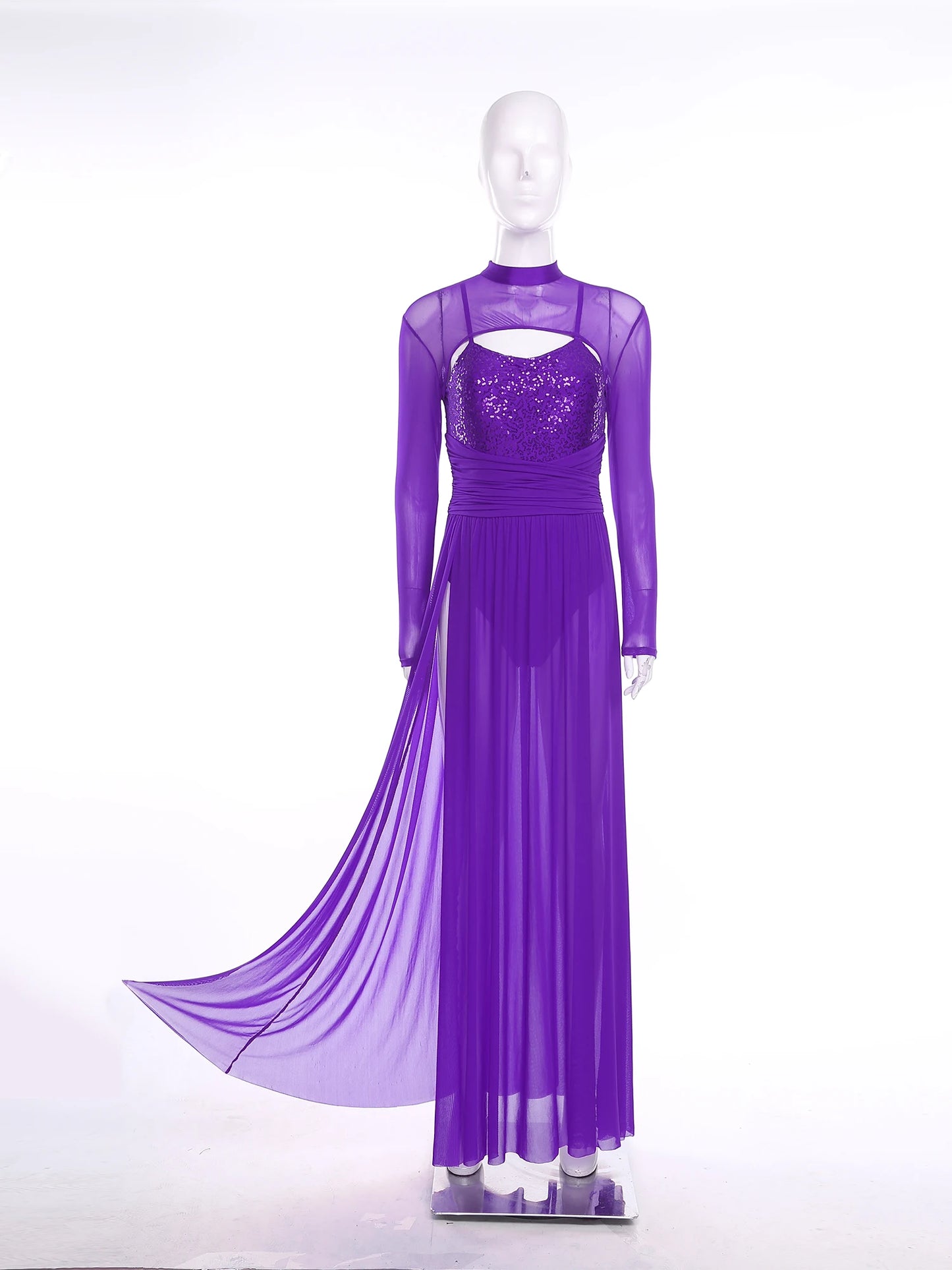 Womens Ballet Lyrical Dance Costumes Sequin Mesh Tulle Flowy Maxi Long Dress Built-In Briefs Morden Contemporary Dancewear