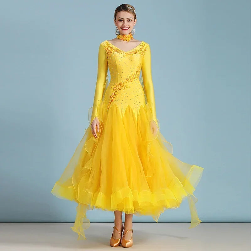 Women Competition Standard Modern Dancing Clothes Long Sleeve Waltz Stage Costumes Ballroom Dance Dress