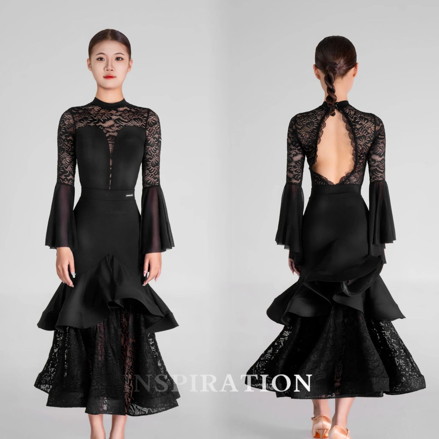 2024 Ballroom Dance Clothes Women Black Lace Tops Fishbone Skirt Long Sleeves Competition Dress Adult Waltz Dance Costume L13955