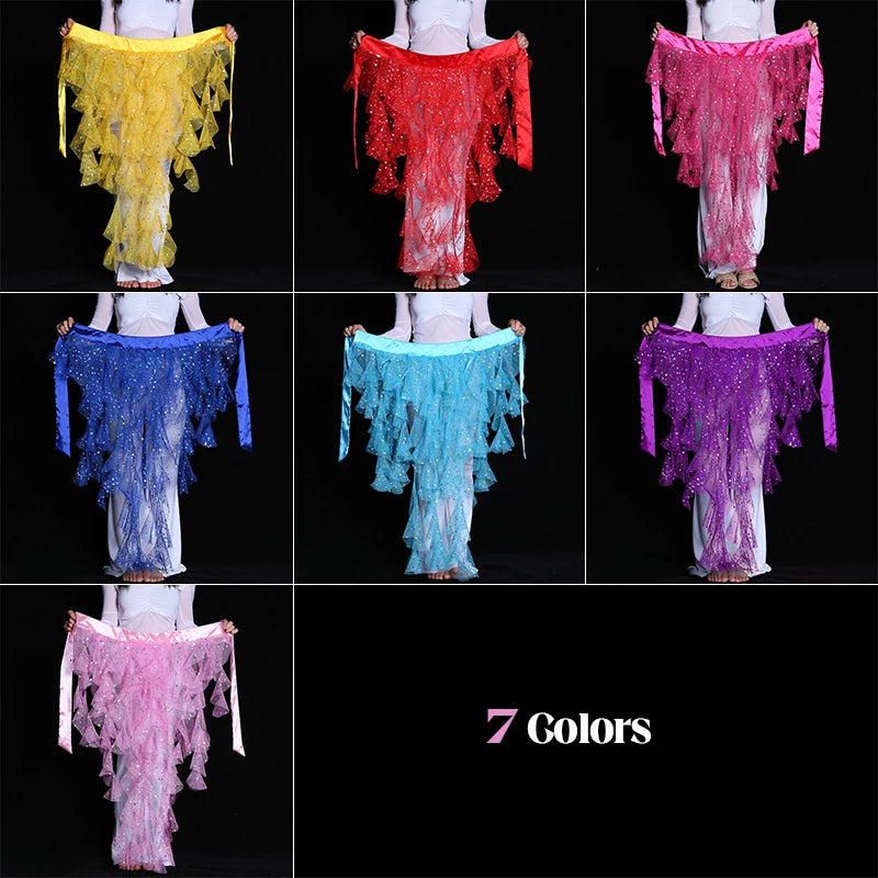 Women's Belly Dance Mesh Sequins Hip Scarf Wrap Skirts High Low Ruffle Mesh Waist Chain Belt Party Dance Costume Accessories