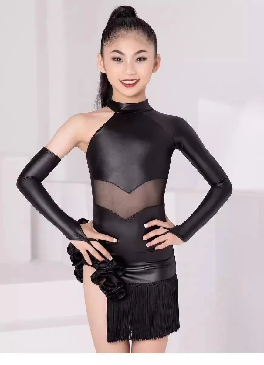 Girls Performance Costume One-Sleeve Black Fringe Skirt Kids Latin Dance Clothes Samba Cha-cha Competition Training Dress 2025