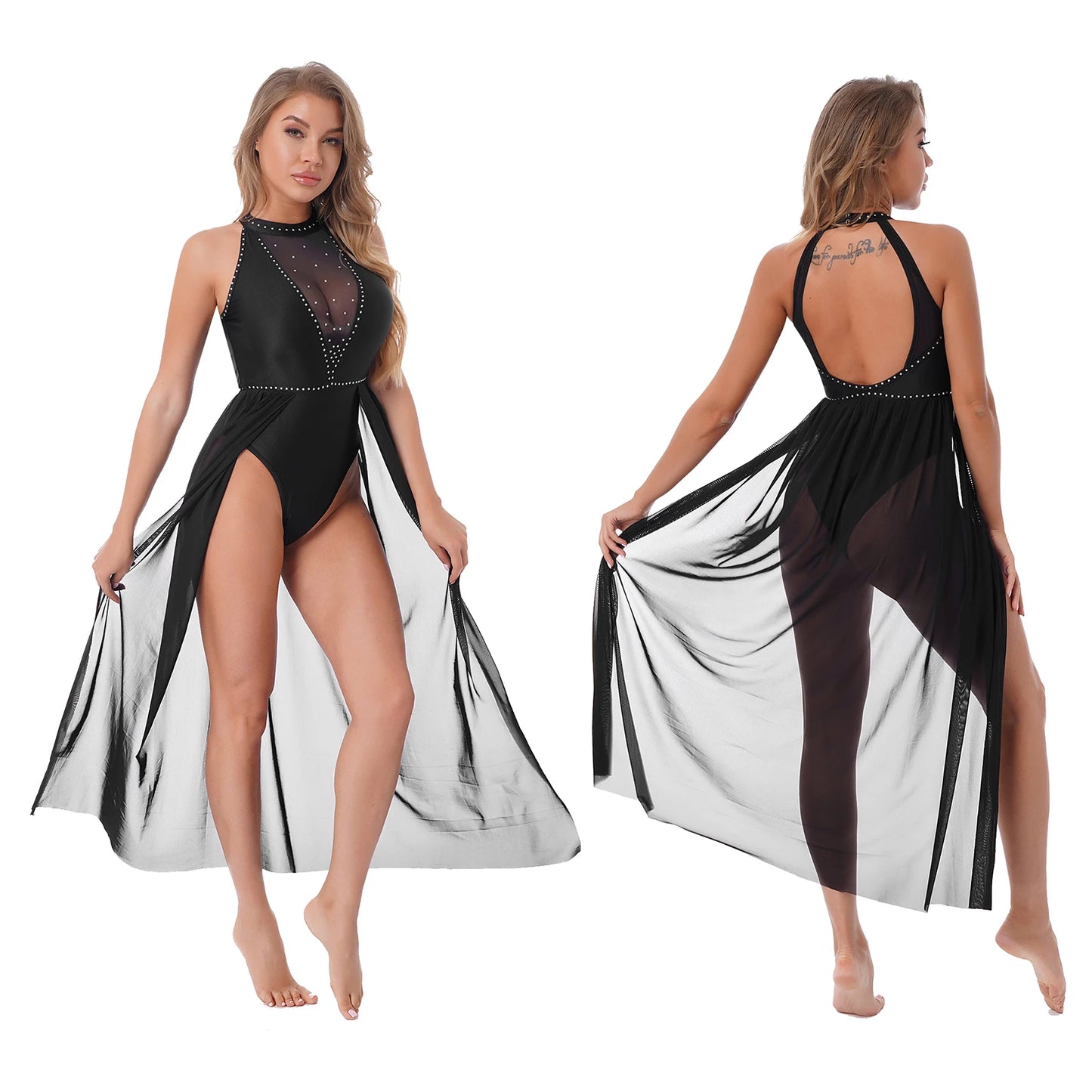 Elegant White Halter Bodysuit with Sheer Mesh Insert and Flowing Cape – Bridal Couture, Resort Wear, Photogenic Runway Gown