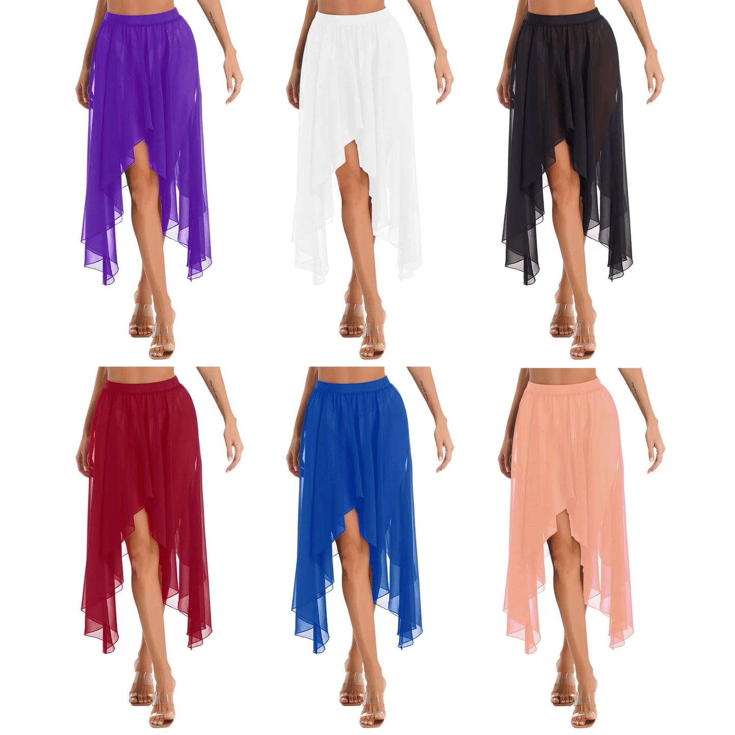 Women Adult Ballet Training Clothes Asymmetrical Sheer Chiffon Skirts Girls Middle Mesh Skirt Tulle Skirt Dance Stage Costume