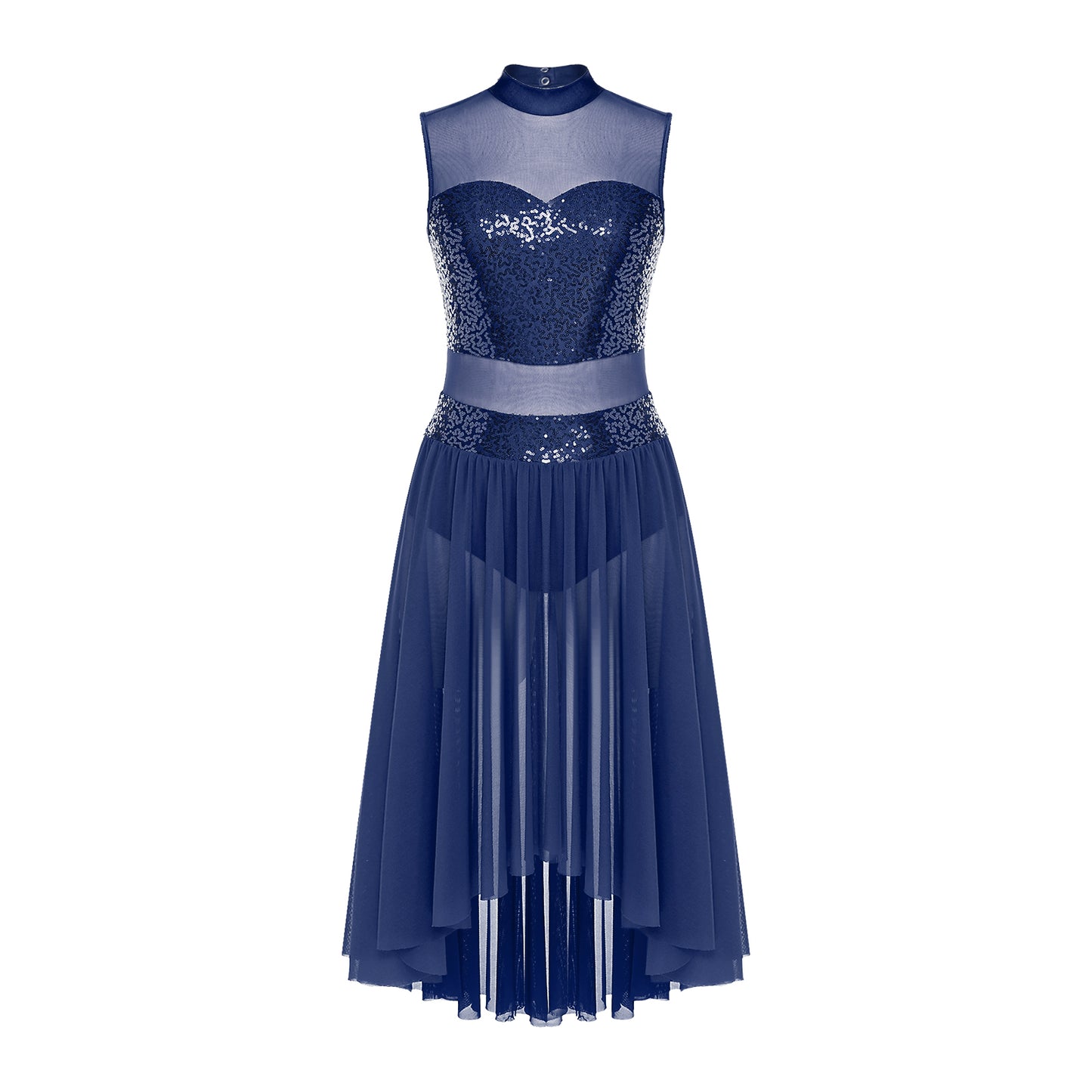 Navy Blue Sequin Bodice with Sheer Mesh Skirt – Dance Dress with Criss-Cross Back, Ballroom & Party Gown