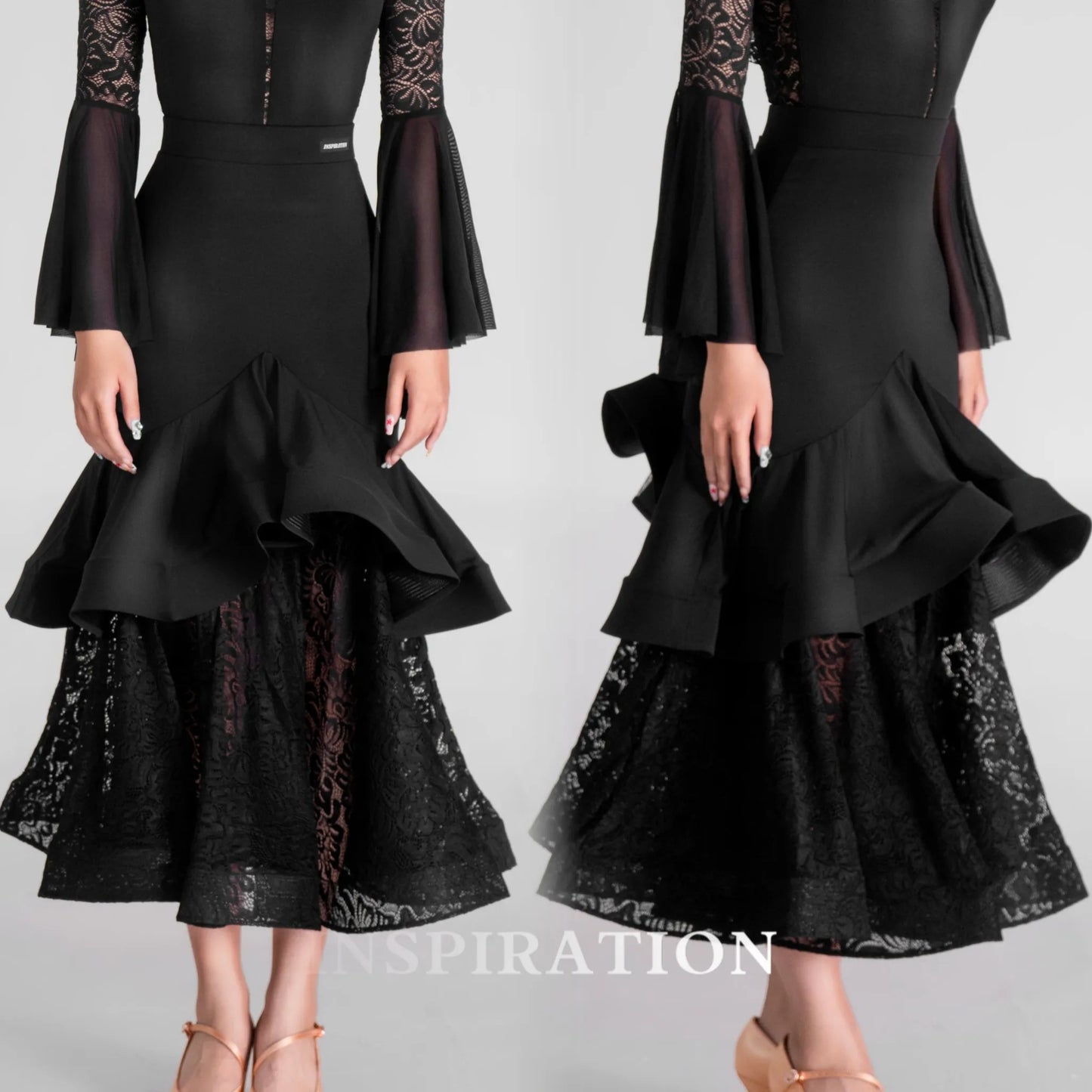 2024 Ballroom Dance Clothes Women Black Lace Tops Fishbone Skirt Long Sleeves Competition Dress Adult Waltz Dance Costume L13955