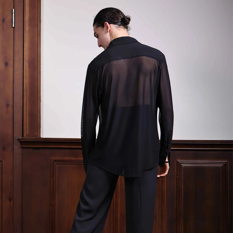 Black Mesh Ballroom Dance Top Men Long Sleeved Latin Dance Shirt Adults Samba Chacha Modern Dancing Tops Training Wear SL12058