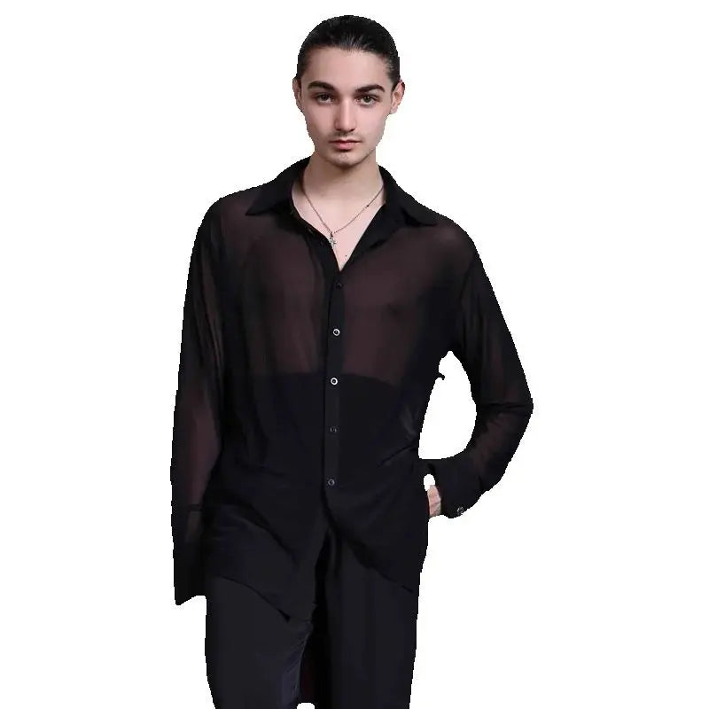 Black Mesh Ballroom Dance Top Men Long Sleeved Latin Dance Shirt Adults Samba Chacha Modern Dancing Tops Training Wear SL12058