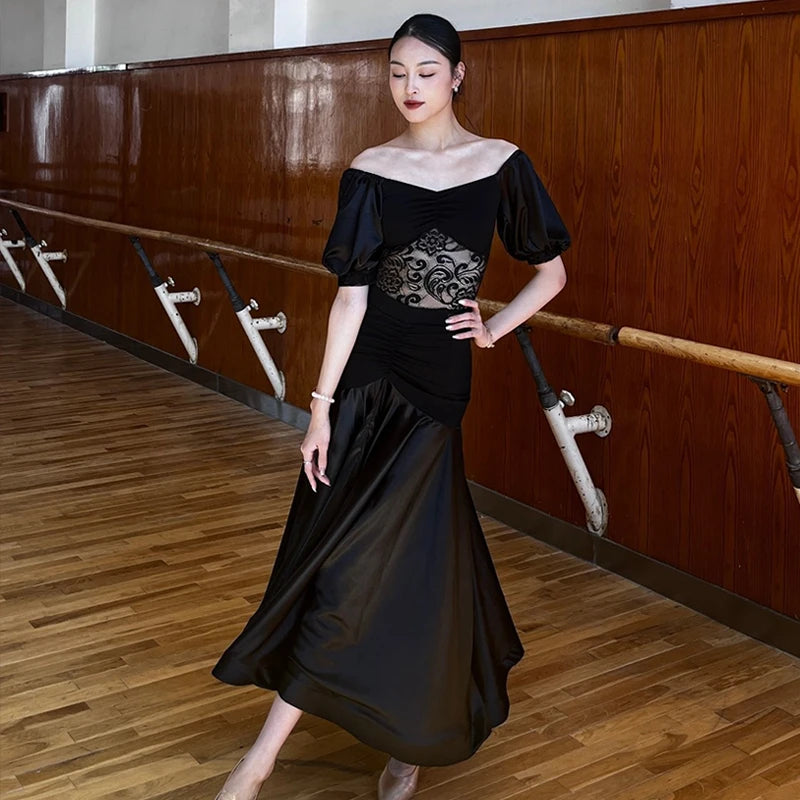 Ballroom Dress Women Performance Clothing Standard Modern Dance Outfit Lace Off Shoulder Dance Leotard Skirt Waltz Dress VBH1935
