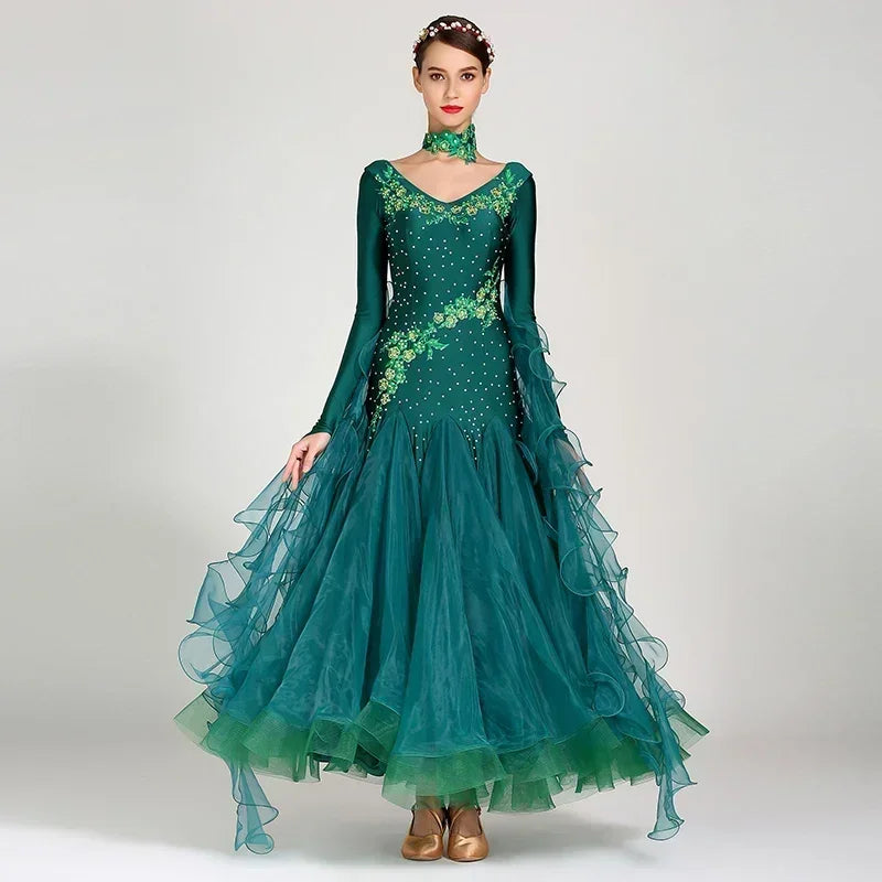 Women Competition Standard Modern Dancing Clothes Long Sleeve Waltz Stage Costumes Ballroom Dance Dress