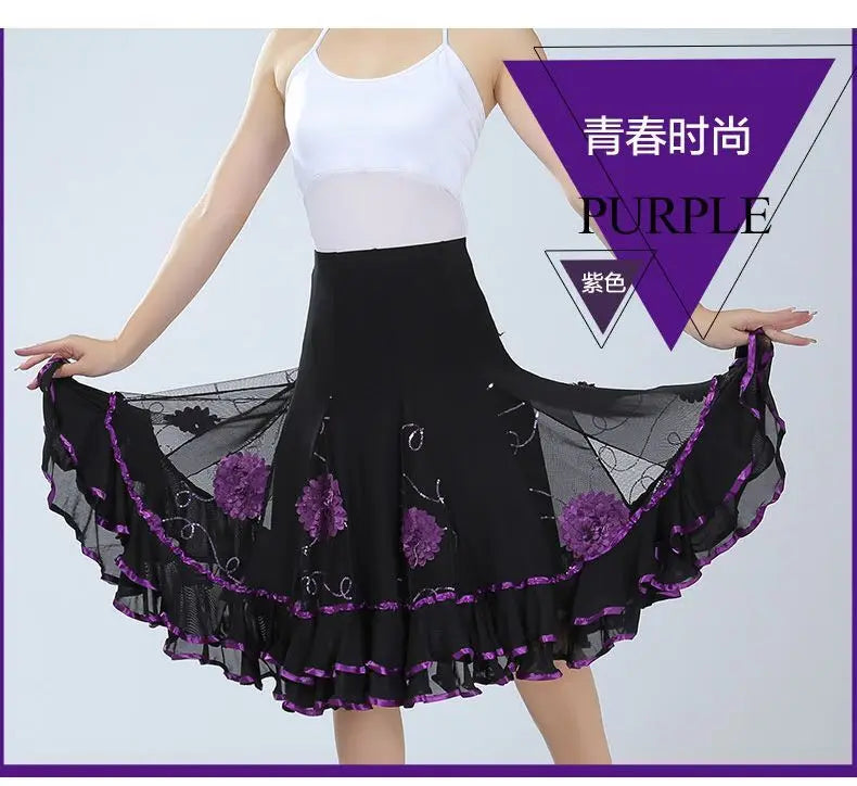 Square Dance/National Standard Modern Social Dance Big Swing Skirt Embroidered Square Dance Half Body Skirt Waltz Dance Skirt