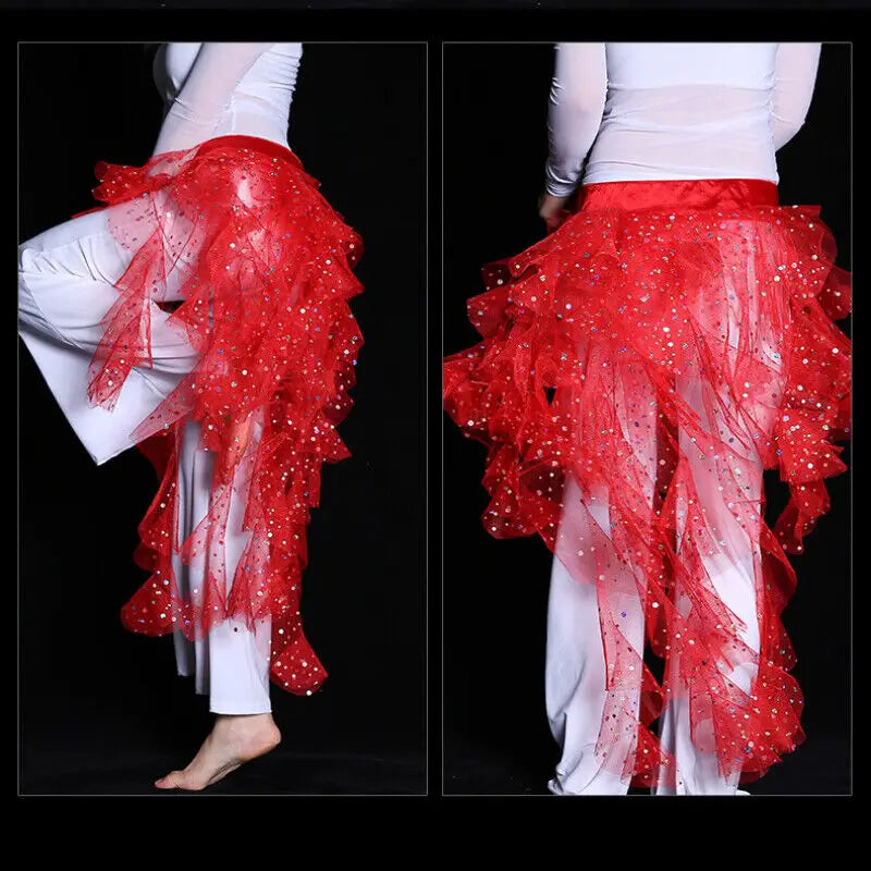 Women's Belly Dance Mesh Sequins Hip Scarf Wrap Skirts High Low Ruffle Mesh Waist Chain Belt Party Dance Costume Accessories