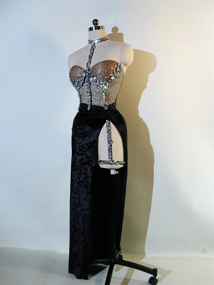 Glamorous Diamond Dance Dress Women Sexy Long Skirt Stage Costume Singer Performance Outfit Elastic Waist GoGo Nightclub Wear