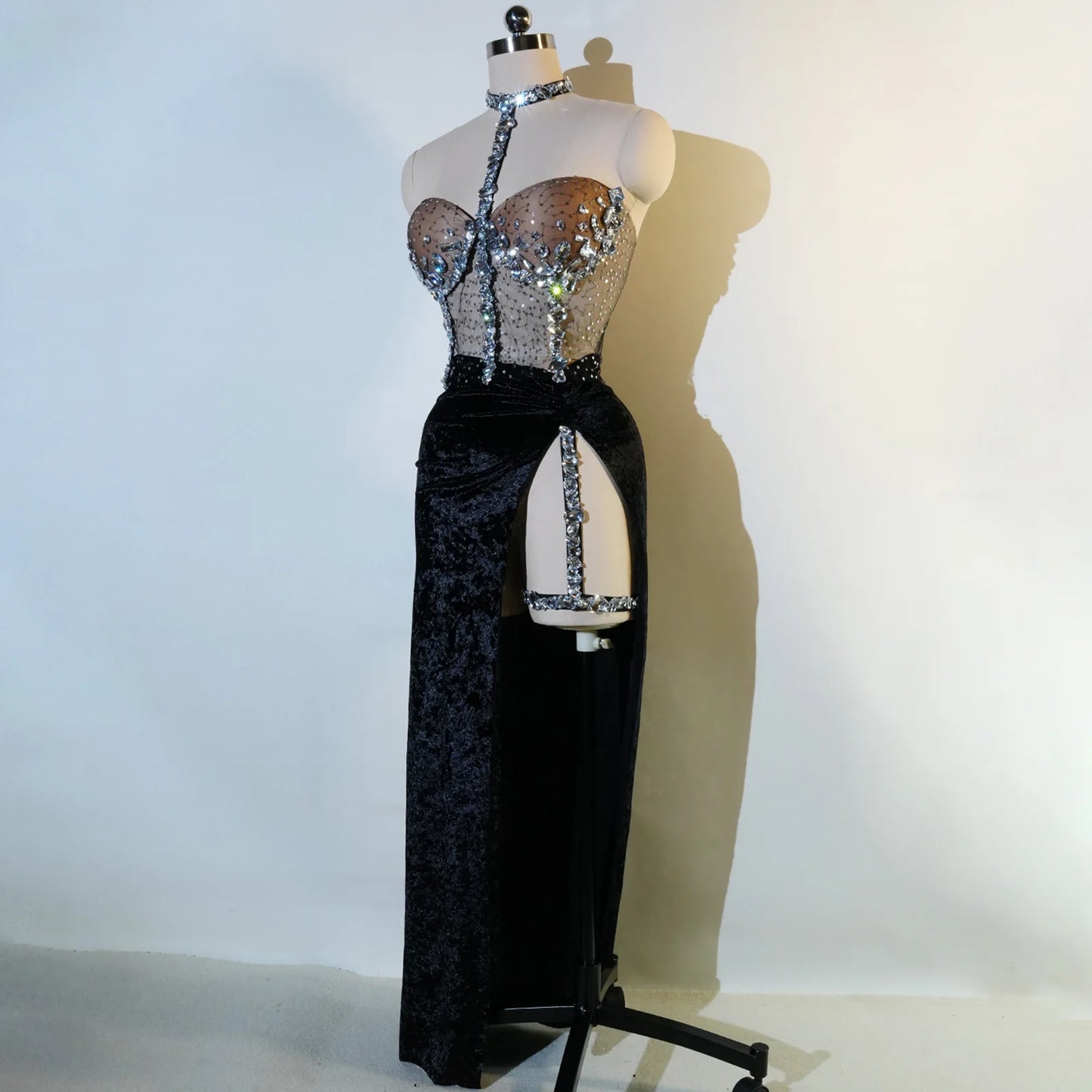 Glamorous Diamond Dance Dress Women Sexy Long Skirt Stage Costume Singer Performance Outfit Elastic Waist GoGo Nightclub Wear