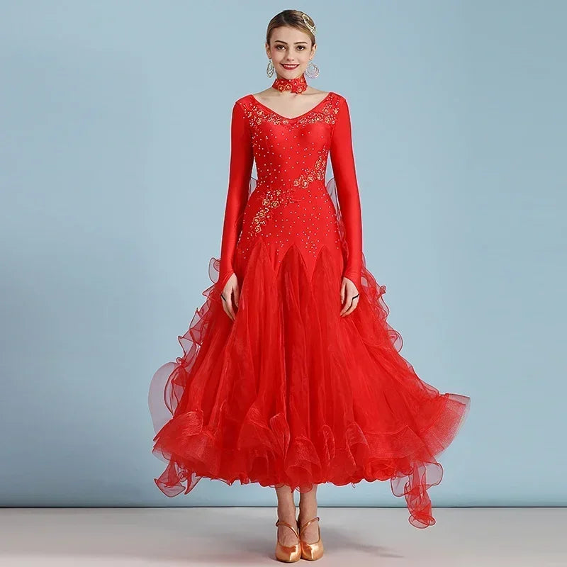 Women Competition Standard Modern Dancing Clothes Long Sleeve Waltz Stage Costumes Ballroom Dance Dress
