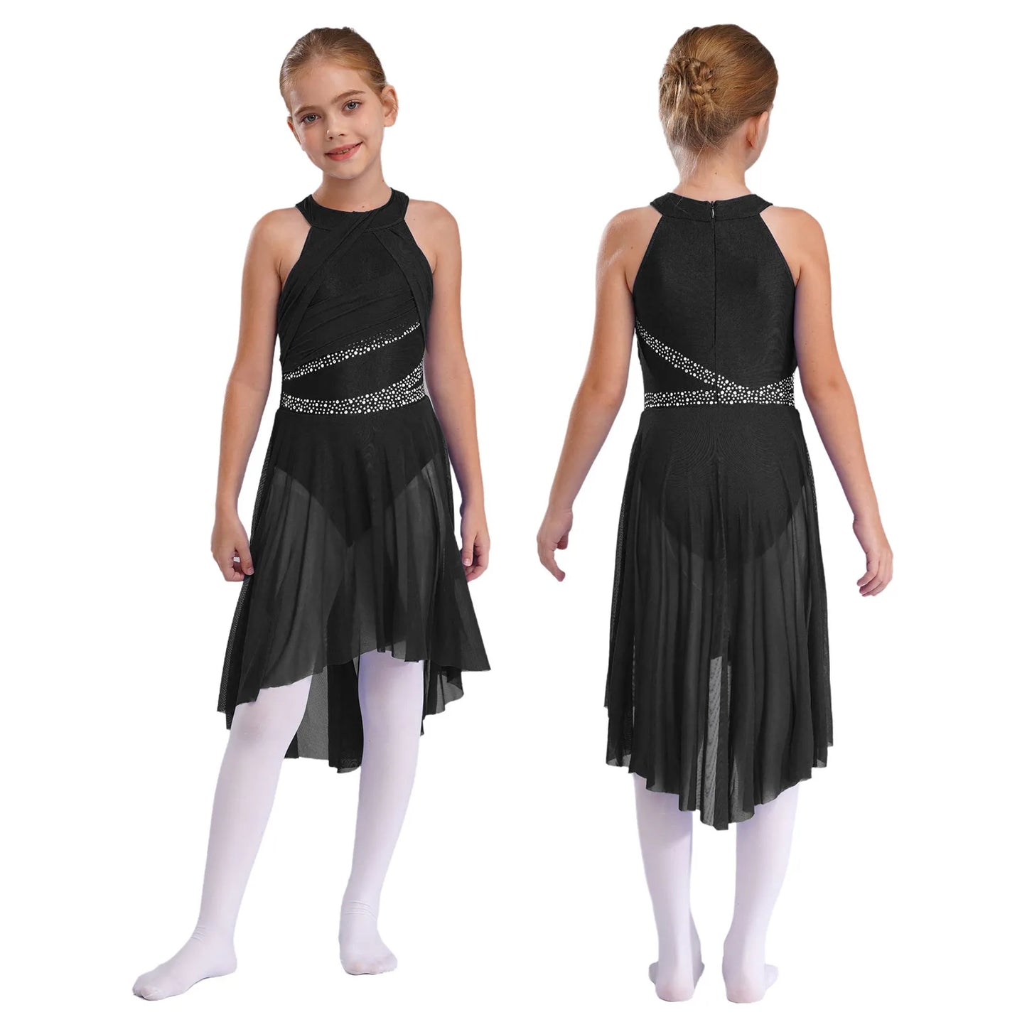 Kids Girls Rhythmic Gymnastics Ballet Lyrical Latin Dance Costume Rhinestone Ruched Leotard Waltz Tango Ballet Jersey Dresses