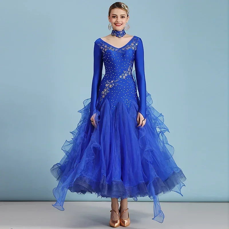 Women Competition Standard Modern Dancing Clothes Long Sleeve Waltz Stage Costumes Ballroom Dance Dress