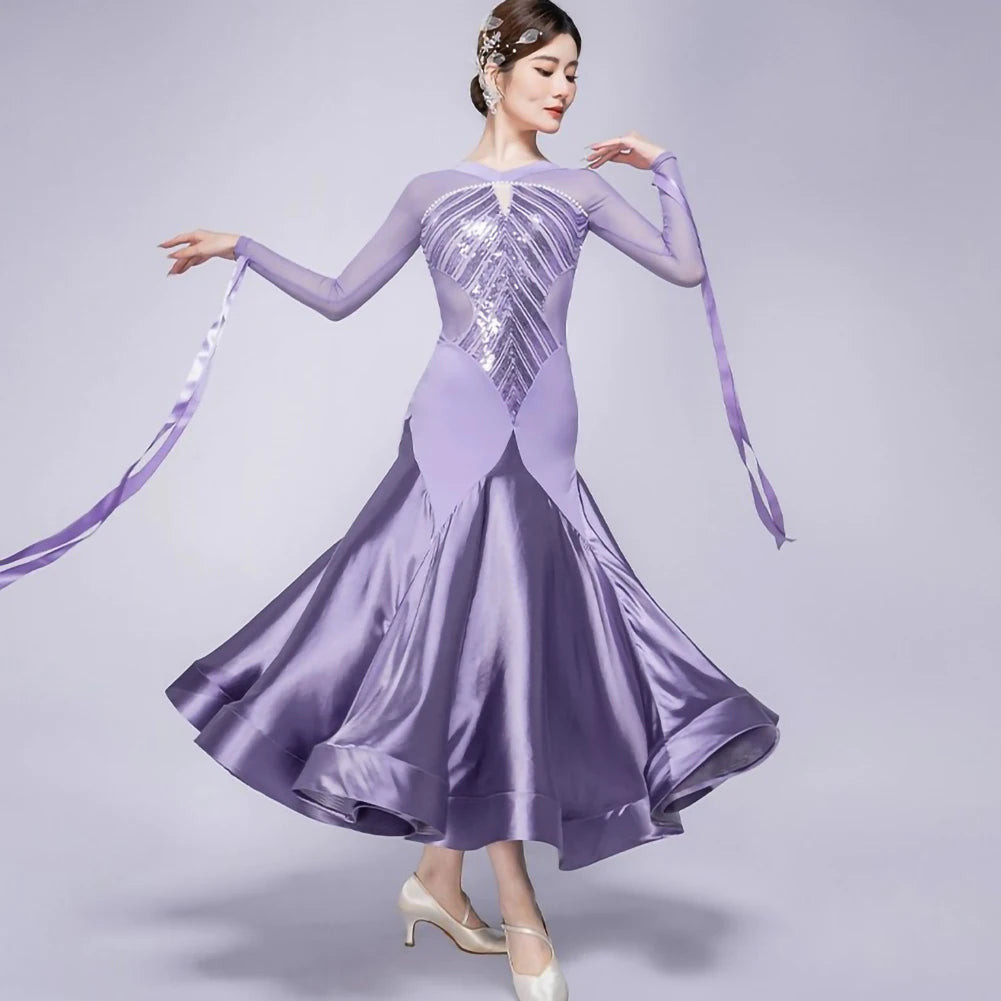 Stage Costume Streamers Standard Dance Dresses Competition Waltz Ballroom Dress for Competition Elegant Purple Long Sleeves Red