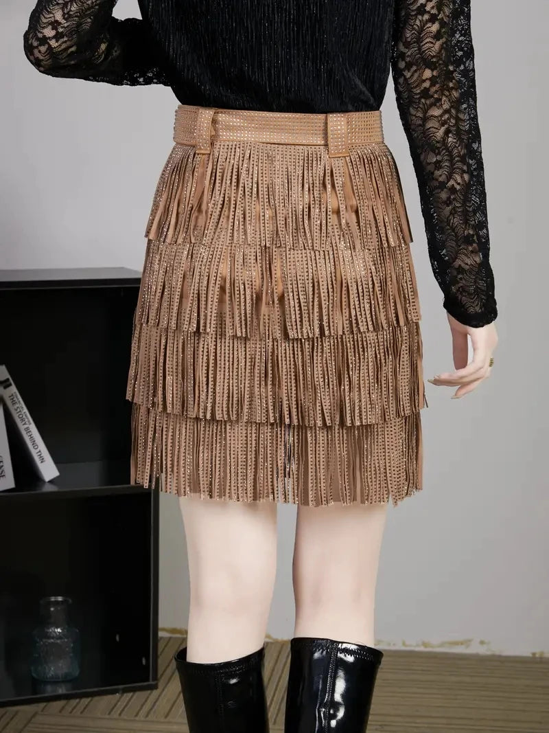 Women Skirt Fashion 2025 New Autumn High Waist Belt Multi Layer Short Heavy Drilling Rhinestones Fringed Skirt with Cake A Line