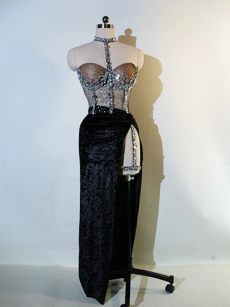 Glamorous Diamond Dance Dress Women Sexy Long Skirt Stage Costume Singer Performance Outfit Elastic Waist GoGo Nightclub Wear