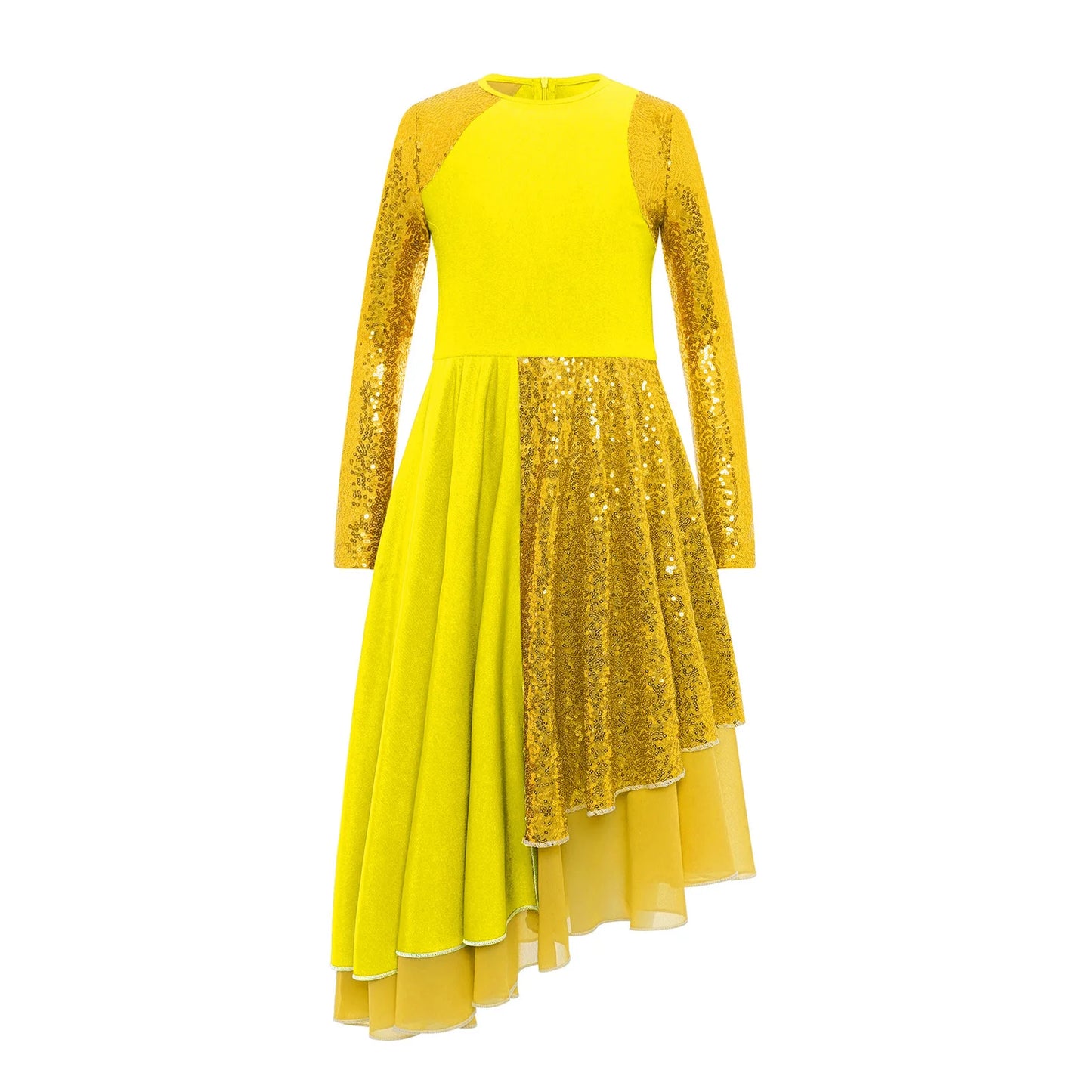 Vibrant Two-Tone Dance Dress with Sheer Lace Sleeves – Asymmetric Pink & Purple Gowns for Stage, Ballroom, and Showcases