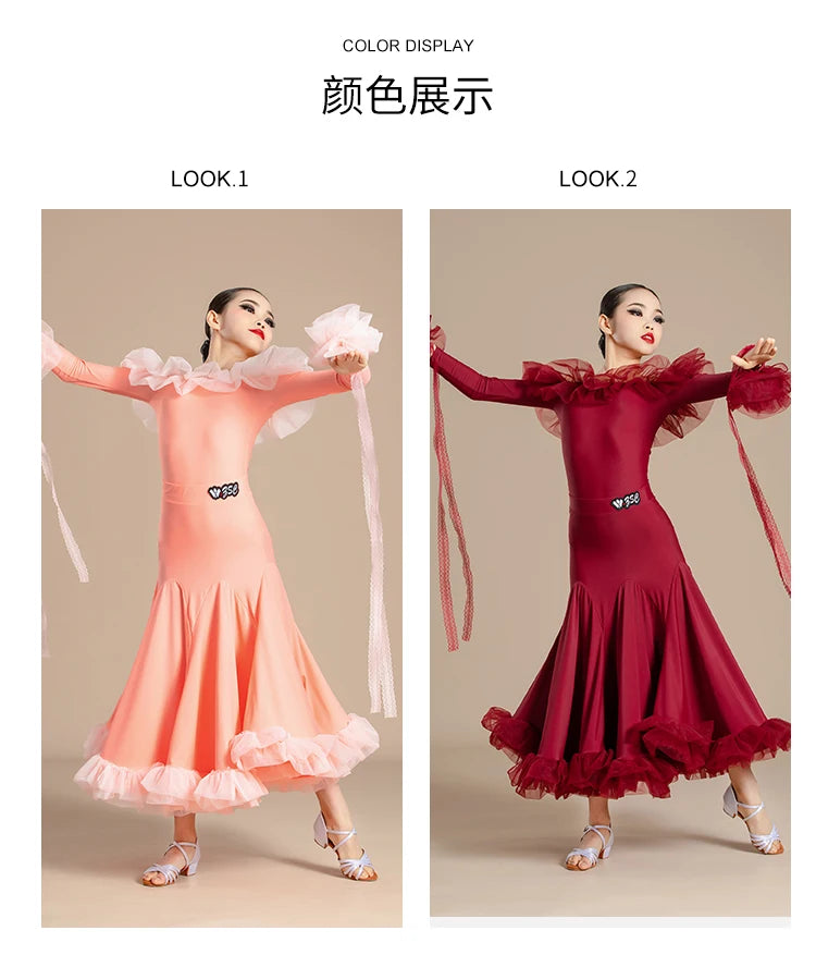 New Modern Dance Skirts National Standard Child Ballroom Dance Waltz Social Dance Long Dresses Competition Performance Costume
